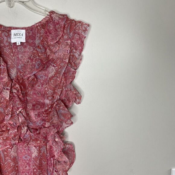 MISA Natasha Dress Womens Large Pink Floral Cut Out Midi Ruffle V-Neck Sheer - Picture 4 of 16